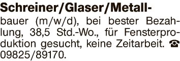 Schreiner / Glaser / Metallbauer (m/w/d)