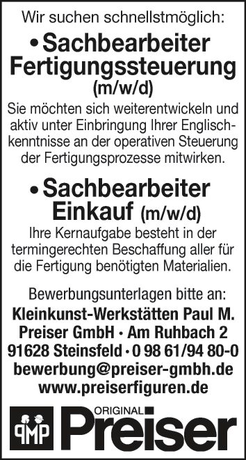 Sachbearbeiter Fertigungssteuerung (m/w/d)