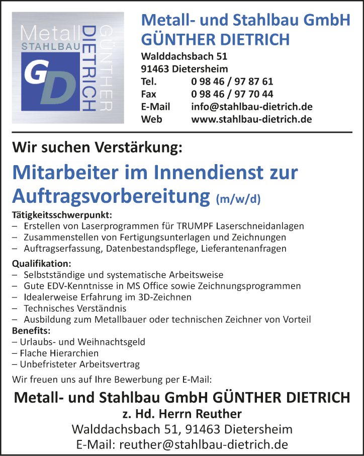 Mitarbeiter im Innendienst zur Auftragsvorbereitung (m/w/d)