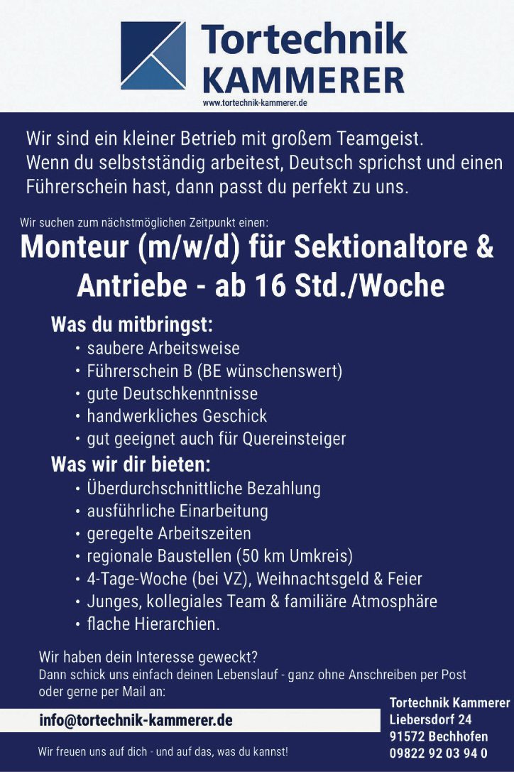 Monteur (m/w/d) für Sektionaltore & Antriebe