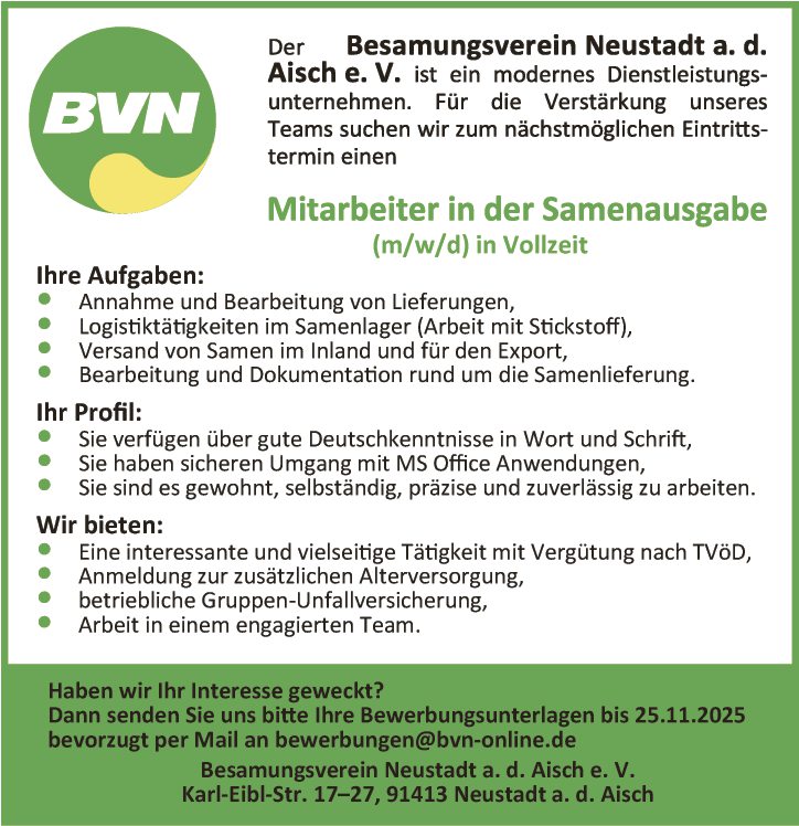 Mitarbeiter in der Samenausgabe (m/w/d)