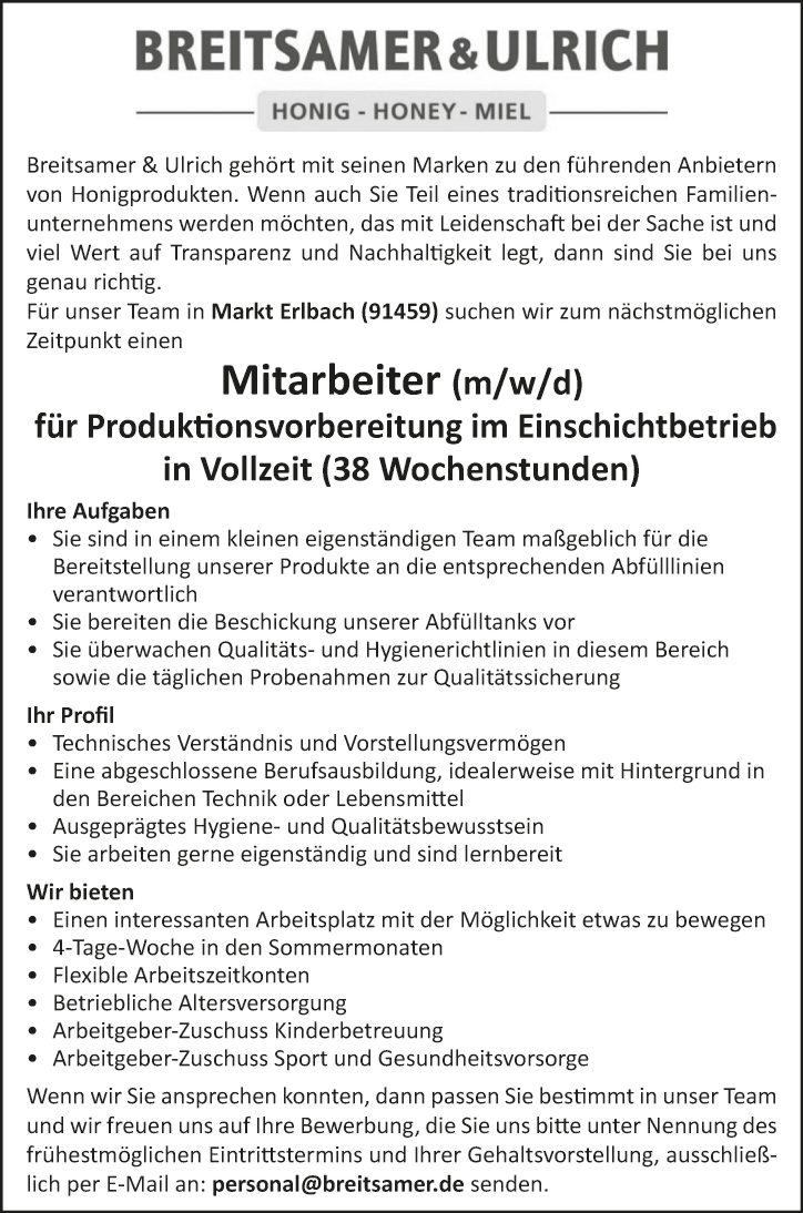 Mitarbeiter (m/w/d) für Produktionsvorbereitung im Einschichtbetrieb