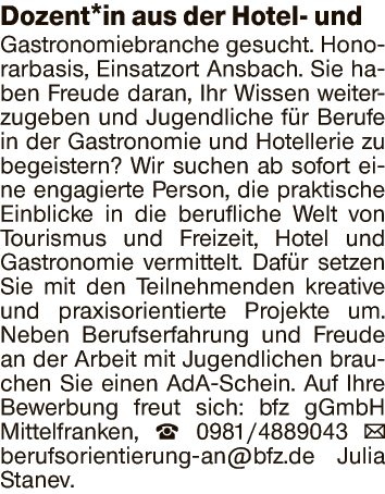 Dozent*in aus der Hotel- und Gastronomiebranche (m/w/d)