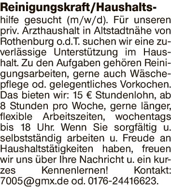 Reinigungskraft / Haushaltshilfe (m/w/d)