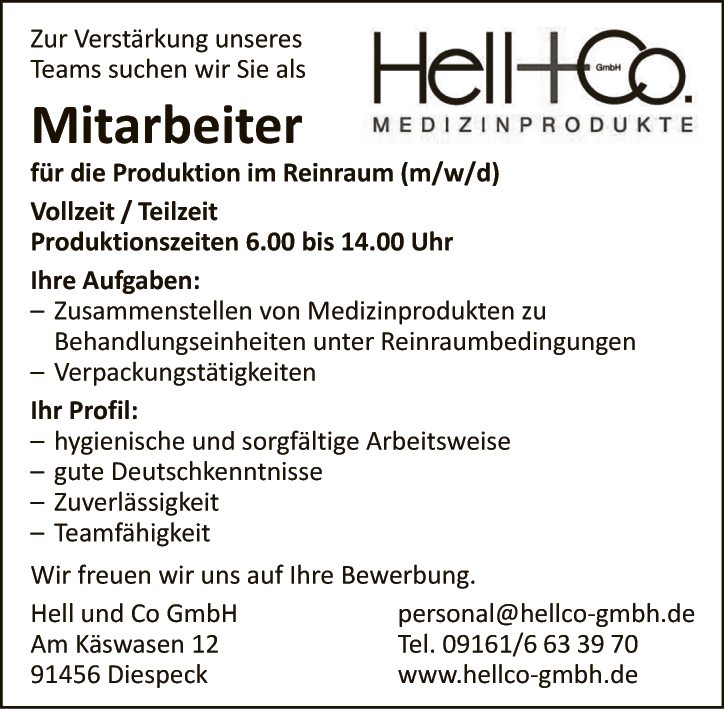 Mitarbeiter für die Produktion im Reinraum (m/w/d)