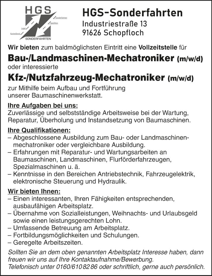 Bau-/Landmaschinen-Mechatroniker (m/w/d) / Kfz-/Nutzfahrzeug-Mechatroniker (m/w/d)
