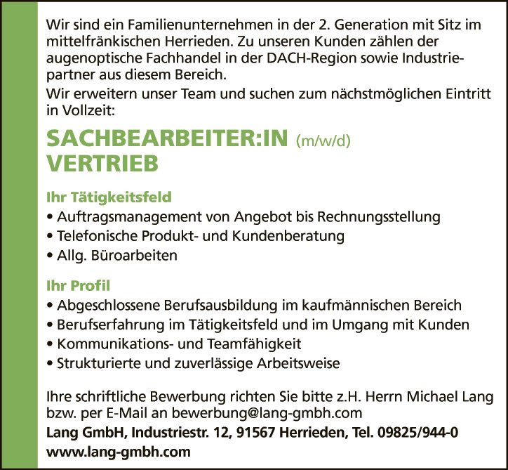 Sachbearbeiter:in (m/w/d) Vertrieb