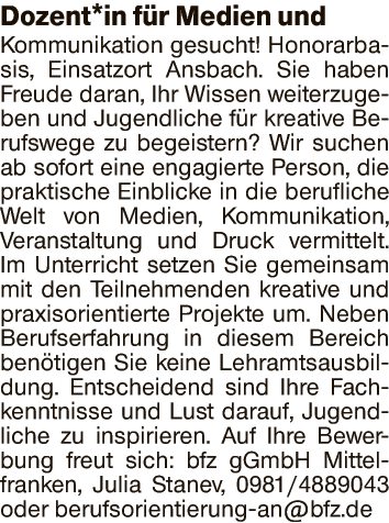 Dozent*in für Medien und Kommunikation (m/w/d)