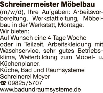 Schreinermeister Möbelbau (m/w/d)