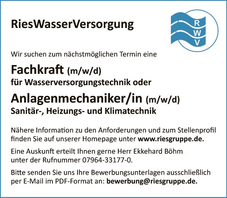 Fachkraft (m/w/d) für Wasserversorgungstechnik / Anlagenmechaniker/in (m/w/d)
