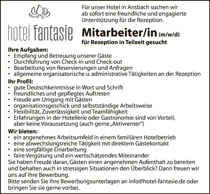 Mitarbeiter/in (m/w/d) für Rezeption