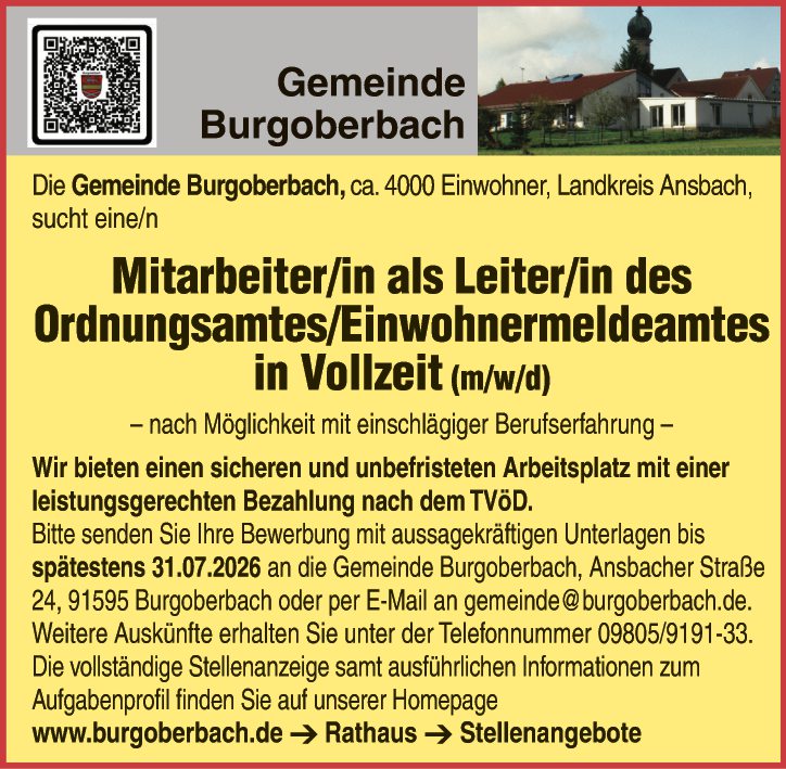 Mitarbeiter/in als Leiter/in des Ordnungsamtes/Einwohnermeldeamtes m/w/d