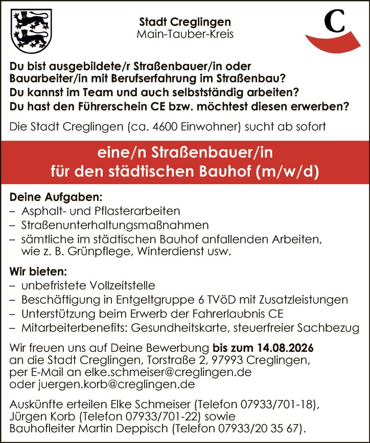 Straßenbauer/in für den städtischen Bauhof (m/w/d)